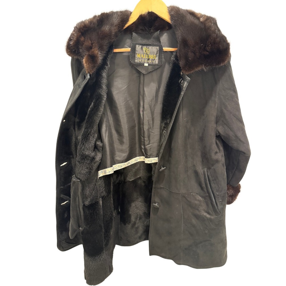 Malubel Sydney Womens Vintage Suede Coat Fur Trim Penny Lane Black Brown M - Picture 3 of 6